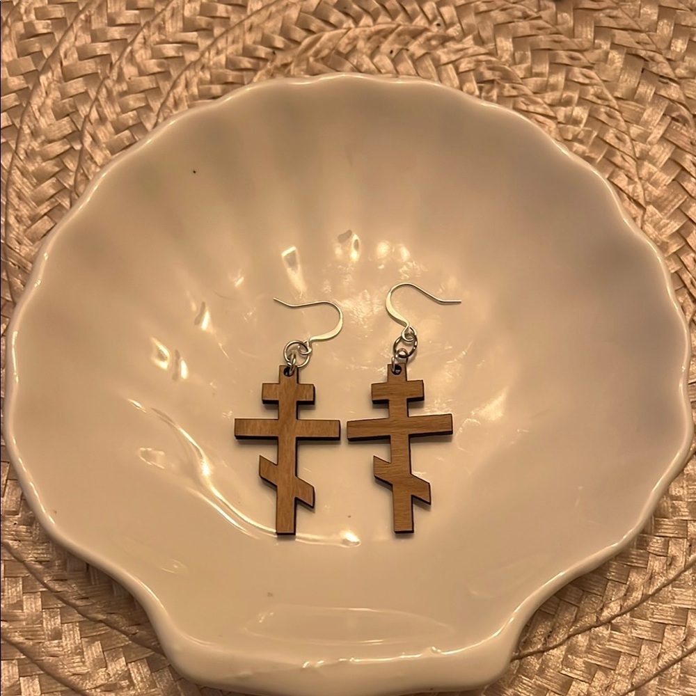 Byzantine Orthodox Wooden Cross Dangle Earrings